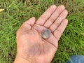 A 1000 rupiah Indonesian coin is placed on the palm of the hand.
