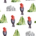 Rupicola peruviana and mountains watercolor seamless pattern