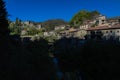 RUPIT, CATALONIA, SPAIN April 2016: A view of the brutal rustic medieval houses of Rupit