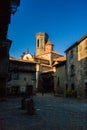 RUPIT, CATALONIA, SPAIN April 2016: A view of the medieval town of Rupit- Town Square with Church Esglesia de Sant Andreu