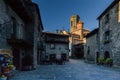 RUPIT, CATALONIA, SPAIN April 2016: A view of the medieval town of Rupit- Town Square with Church Esglesia de Sant Andreu