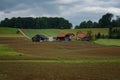 Rural alpine landscape with slovenian village in valley near Bled lake at spring sunny day. Slovenia.