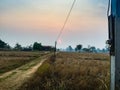 The Rural Area in the Morning with sunrise background and foreground with electric cables. This is for the electricity and