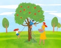 Apple Tree Woman Picking Fruits Kid Playing Vector Royalty Free Stock Photo