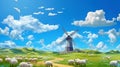 The rural atmosphere with a windmill and a flock of white clouds on a blue background