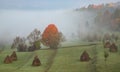 rural autumn landscape with fog and hay stacks Royalty Free Stock Photo