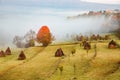 rural autumn landscape with fog and hay stacks Royalty Free Stock Photo