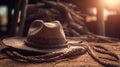 Rural background with close up cowboy hat and rope. Rustic outdoor backdrop with blurred horse. Generative AI