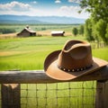 Rural background with close up cowboy hat and Rustic outdoor backdrop with blurred
