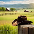 Rural background with close up cowboy hat and Rustic outdoor backdrop with blurred