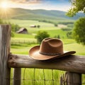 Rural background with close up cowboy hat and Rustic outdoor backdrop with blurred