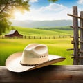 Rural background with close up cowboy hat and Rustic outdoor backdrop with blurred