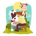 Rural beautiful landscape with farmer in the hat milking funny cow Royalty Free Stock Photo