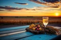 Rural Bounty Feast. sunset. Sunrise. Prosperous farm concept. rustic wood table.