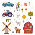 Rural Building and Agricultural Objects Set, Farmhouse, Mill, Tractor, Pickup, Livestock, Agriculture and Farming