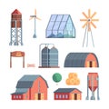 Rural buildings. Farm agricultural collection wooden houses and different professional vehicles warehouse windmill