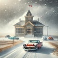 Rural Canadian Historic Schoolhouse Winter Snowstorm Vintage Retro Building Steeple Exterior AI Generate