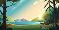 Rural cartoon landscape. Beautiful view of the lake and the mountains on forest background. Nature landscape view on the river.