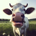 rural cattle animal pasture head smile field portrait cow closeup. Generative AI.
