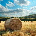 Rural charm Natural landscape featuring a field with hay bale