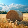 Rural charm Natural landscape featuring a field with hay bale