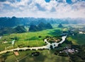 Rural Chinese landscape of limestone rocks and scenic river around rice fields