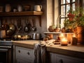 Rural cottage style kitchen filled with natural light and candlelight in wooden finishes. Natural style for comfortable family Royalty Free Stock Photo