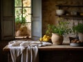 Rural cottage style kitchen filled with natural light with rough walls and wooden finishes. Linen table cloth and flowers on the Royalty Free Stock Photo