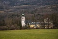 Rural country side church monastery landmark scenic view in autumn moody weather rainy day time Europe Royalty Free Stock Photo