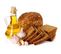 Rural country still life. Bread, sunflower oil Royalty Free Stock Photo