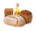 Rural country still life. Bread, sunflower oil Royalty Free Stock Photo