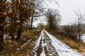 Rural countryside road on a winter day with fields and snow. Royalty Free Stock Photo