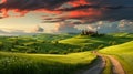 Rural countryside in Tuscany with road, meadows, house and trees at red bloody sunset Royalty Free Stock Photo