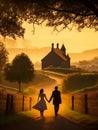 Rural couple silhouette,Generative Ai illustration.