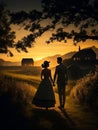 Rural couple silhouette,Generative Ai illustration.