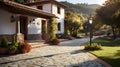 Rural Courtyard, A Stone Walkway With A House And Trees