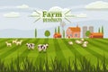 Rural cute landscape with farm and herd cows. Cartoon style, vector, isolated Royalty Free Stock Photo