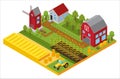 Rural 3d farm isometric template with mill, garden, trees, agricultural vehicles, farmer house and greenhouse game or Royalty Free Stock Photo