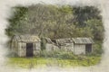 A digital watercolour painting of derelict timber outbuildings and woodland in the English countryside