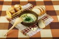 Rural dinner with soup, bread and garlic