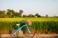 Rural dirt road tropical green rice field and bicycle in Koh Tepo, Uthaithani, Thailand Royalty Free Stock Photo