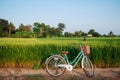 Rural dirt road tropical green rice field and bicycle in Koh Tepo, Uthaithani, Thailand Royalty Free Stock Photo