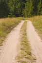 Rural dusty countryside road trough a fields and green trees. Royalty Free Stock Photo