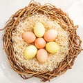 Rural Easter composition with colorful eggs in the nest