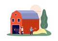 Rural farm. Animals shed, dairy products. Flat woman with bucket, man picking hay vector illustration