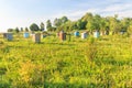 Rural farm apiary with multicolor beehouses Royalty Free Stock Photo