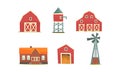 Rural Farm Buildings Collection, Agriculture Industry and Countryside Elements, House, Barn, Silo Tower, Windmill Vector Royalty Free Stock Photo