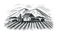 Rural farm landscape in engraving style. Hand drawn farming and agriculture vector illustration Royalty Free Stock Photo