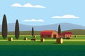 Rural farm landscape field country house, cows. Summer hills sunset farmland. Vector illustration trendy style noise Royalty Free Stock Photo