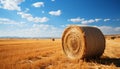 Rural farm landscape golden meadow, rolled hay bales, blue sky generated by AI Royalty Free Stock Photo
